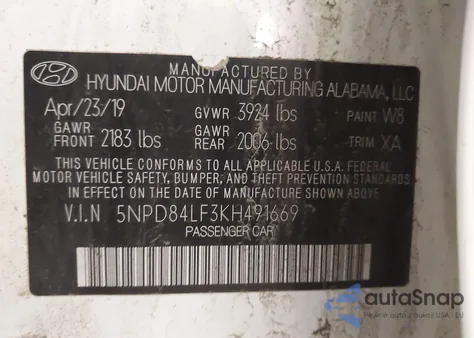 2019 Hyundai Elantra Sel z USA, uszkodzony, nr VIN 5NPD84LF3KH491669